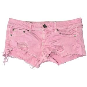 377 American Eagle Micro Mini Denim Shorts 4 Pink Stretch Raw Hem Low Rise Booty